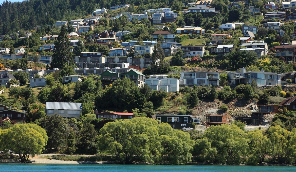 Queenstown houses on hill by lake