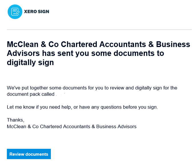 Xero document packs email example